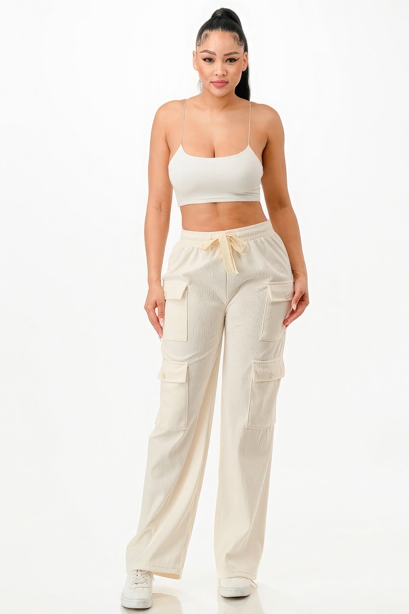 Solid Corduroy Cargo Pants - White