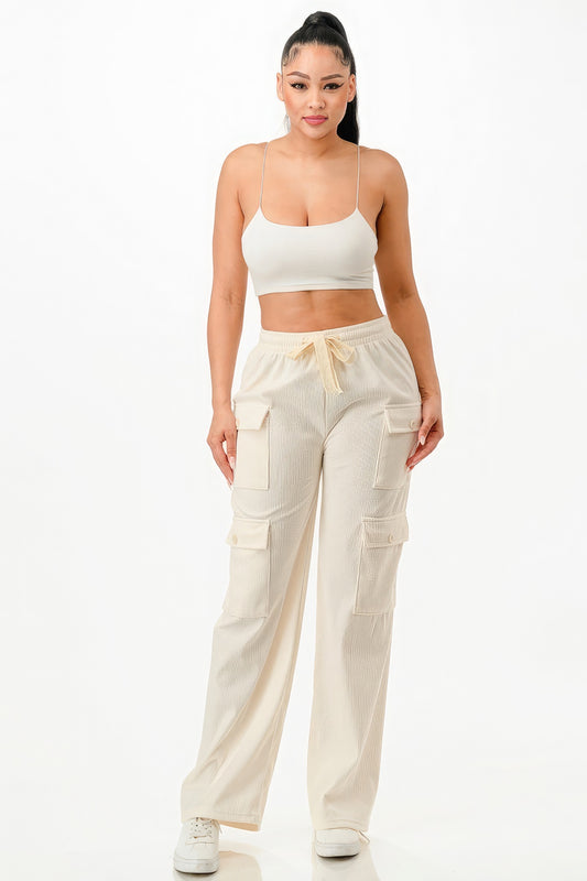 Solid Corduroy Cargo Pants - White