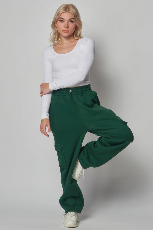 Fleece Lined Cargo Sweatpants - Emerald Green