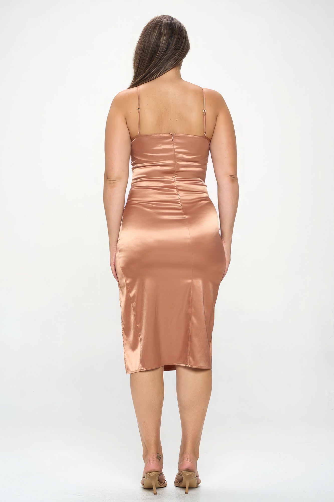 Plus Size Solid Color Satin Front Knot Bodycon Midi Dress - Copper-Gold