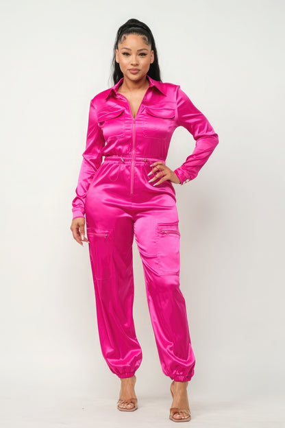 Zipper Pockets Top & Pants Overalls Workwear Set - Magenta