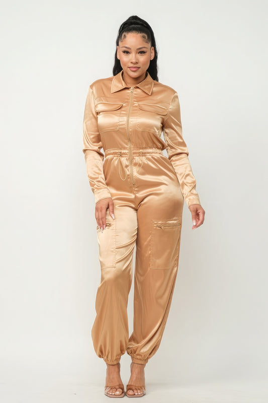 Zipper Pockets Top & Pants Overalls Workwear Set - Yellow-Gold