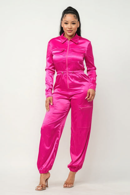 Zipper Pockets Top & Pants Overalls Workwear Set - Magenta