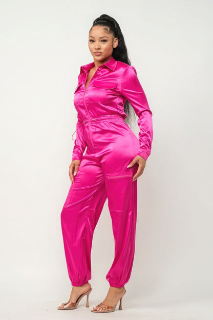 Zipper Pockets Top & Pants Overalls Workwear Set - Magenta