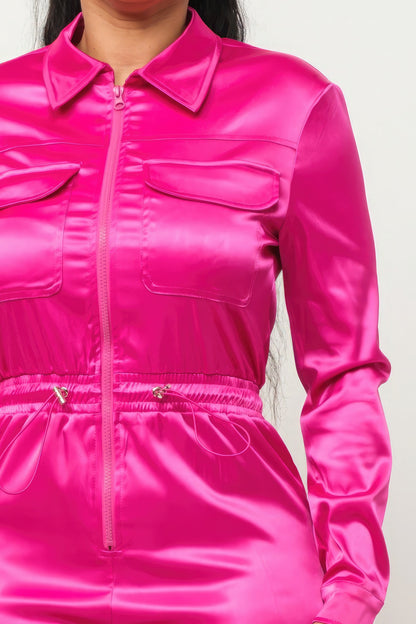 Zipper Pockets Top & Pants Overalls Workwear Set - Magenta