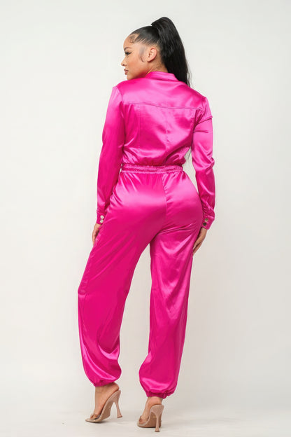 Zipper Pockets Top & Pants Overalls Workwear Set - Magenta