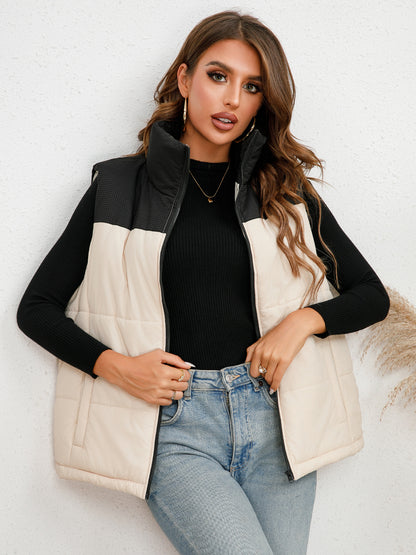 Stand-Collar Color Block Vest Coat