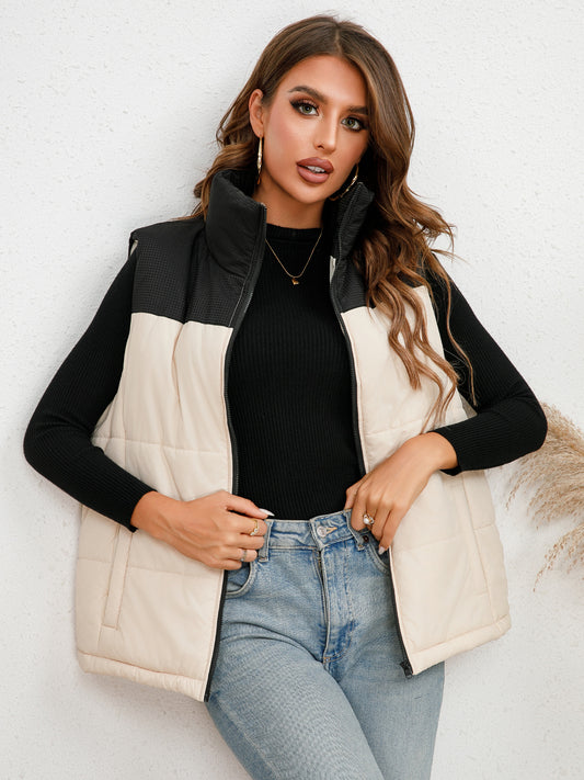 Stand-Collar Color Block Vest Coat