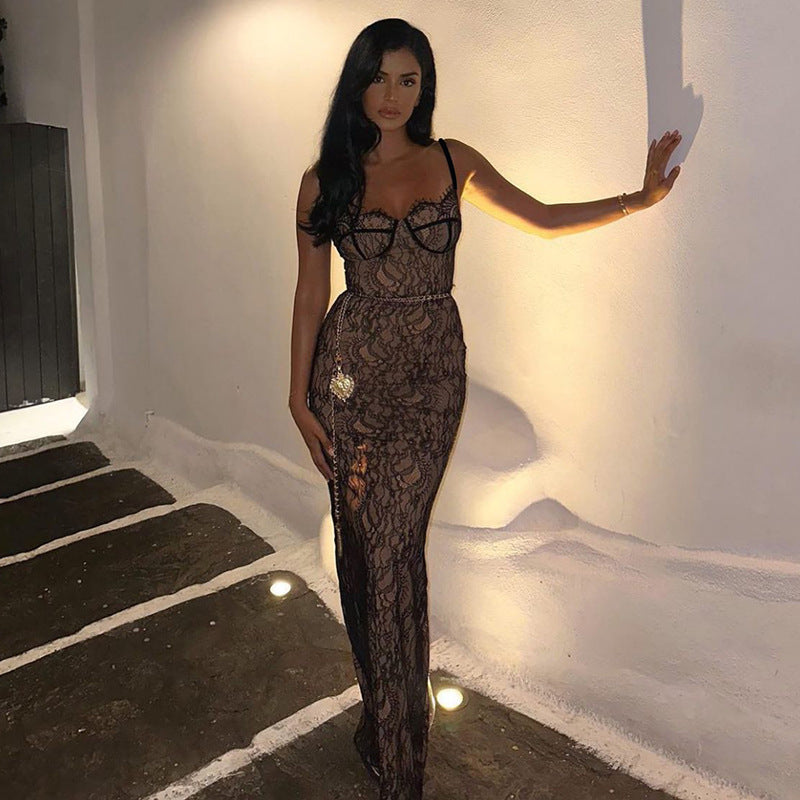 Stitched Backless Lace - Sleeveless Split Maxi Dress (7516660170840)