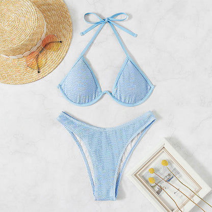 Multi-Color Steel Bracket Triangle - Lace-Up Backless Split Bikini (7516578087000)