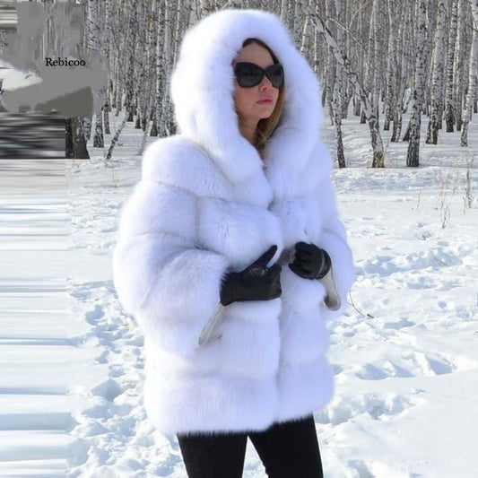Faux Fox Fur Hooded Mid-Length Slim-Fit Coat