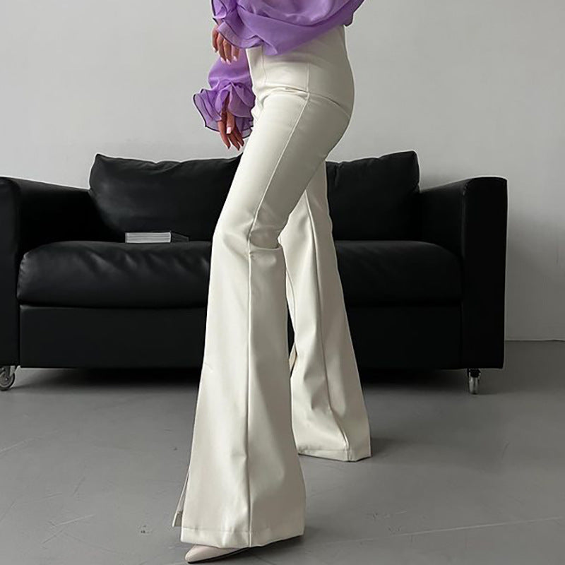 Flared Faux-Leather Stitching Slit Pants (7524749508696)