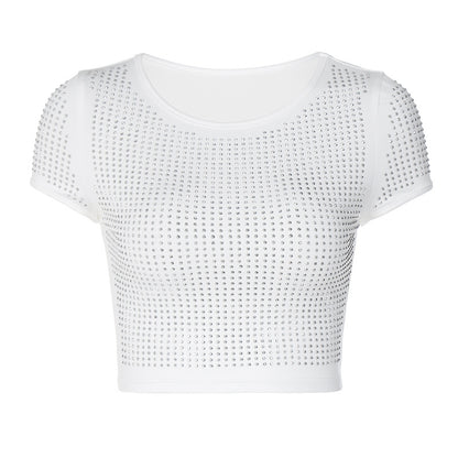 Rhinestones Short Sleeves Crop-Top
