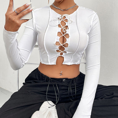 My Fav Lace - Lace-Up Cut-Out Crop Top (7516555116632)