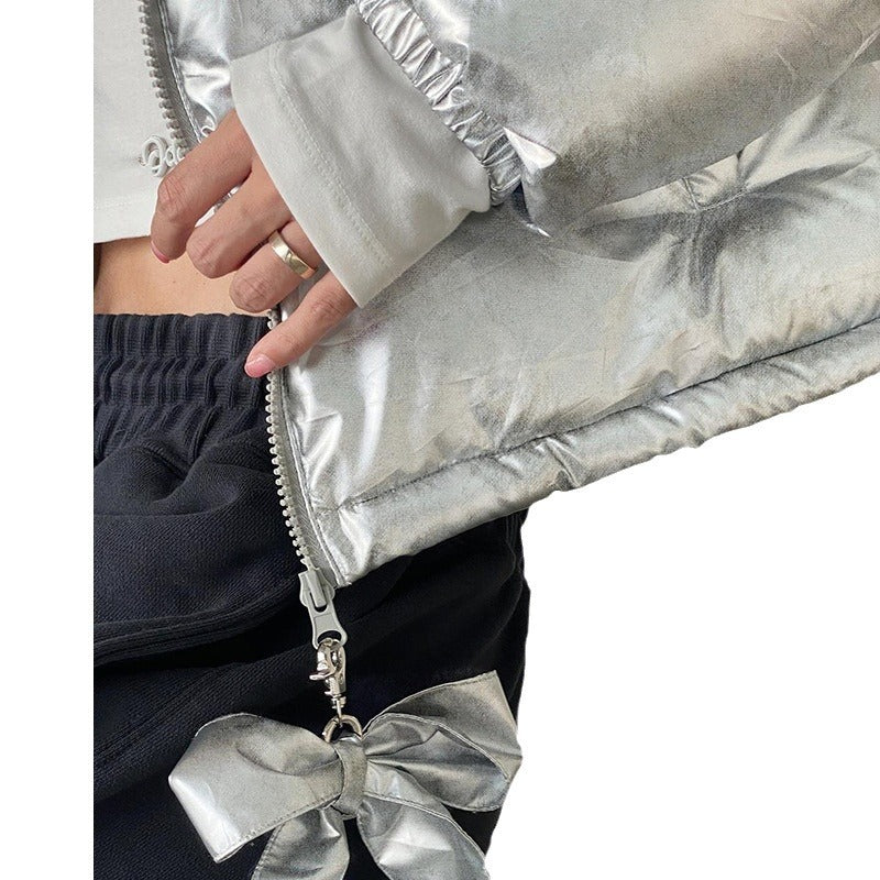 Winter Metallic Coated Fabric Thicken Thermal Puffer Jacket Coat Glossy Stand up Collar Bowknot Decorative Zipper Slim Fit Cotton Padded Jacket (7525012865112)