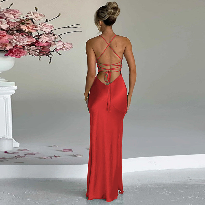 Backless V-Neck Tie-Lace Slit Dress