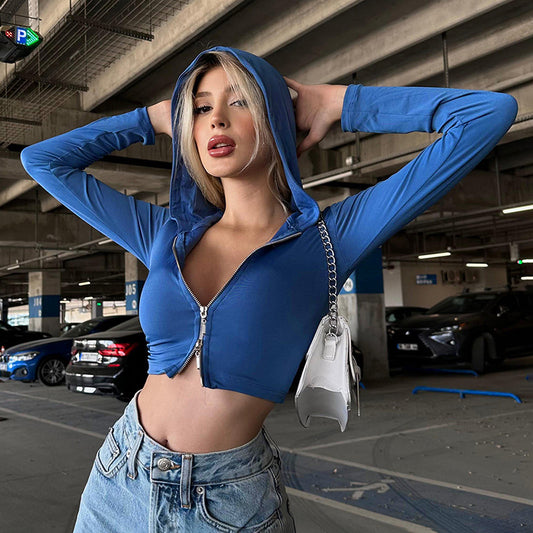 Mid-Zipper Hooded Crop-Top (7516555608152)