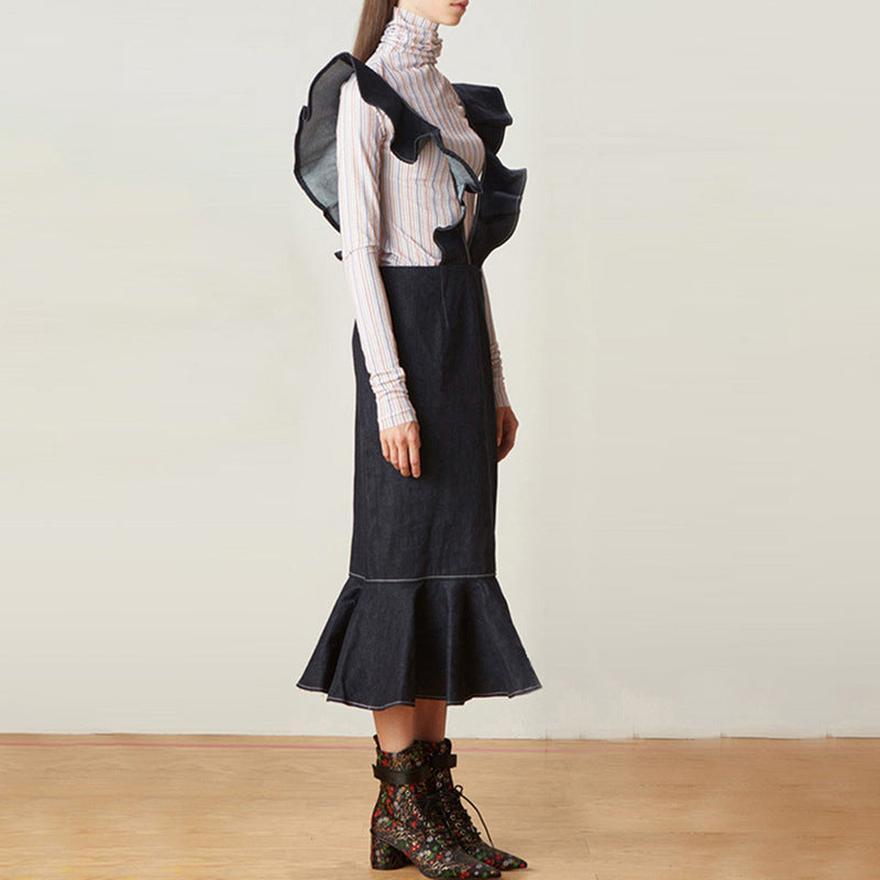 Denim Suspenders! - Fishtail Skirt Ruffles Suspender Back Denim Skirt (7522338537560)
