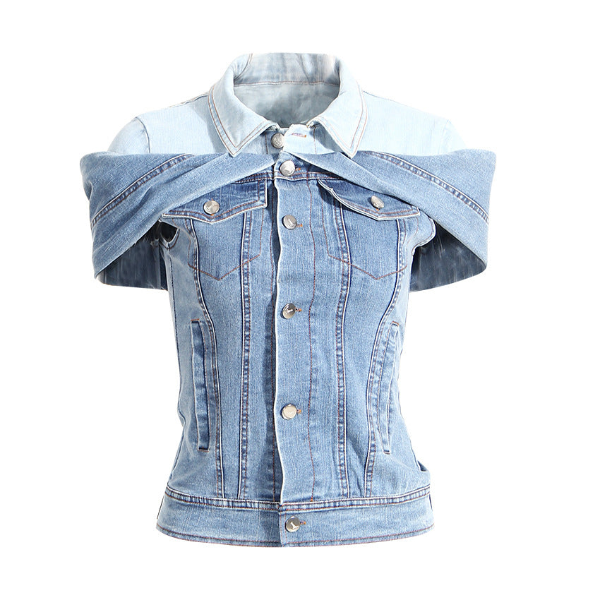 Denim Stacks - Denim Stacked Matching Faux Two-Piece Off-Shoulder Top (7519155912792)