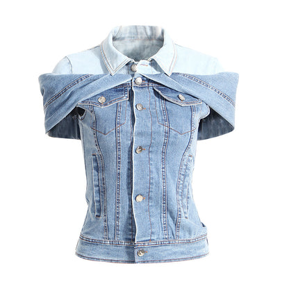 Denim Stacks - Denim Stacked Matching Faux Two-Piece Off-Shoulder Top (7519155912792)