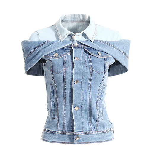 Denim Stacks - Denim Stacked Matching Faux Two-Piece Off-Shoulder Top (7519155912792)