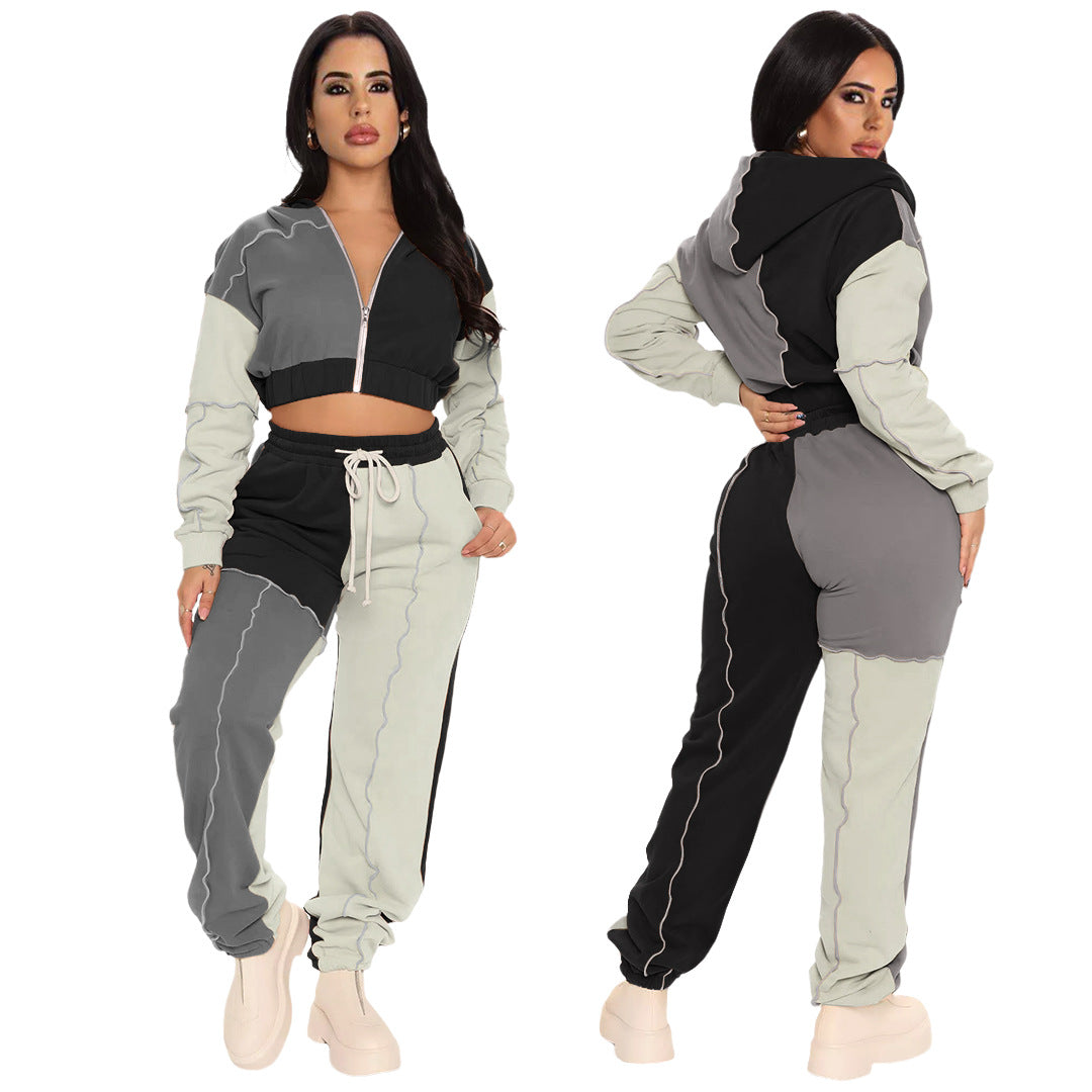 Multi-Fabric Zip-Up Hooded Stitching Sporty Two-Piece Set (7516840460376)