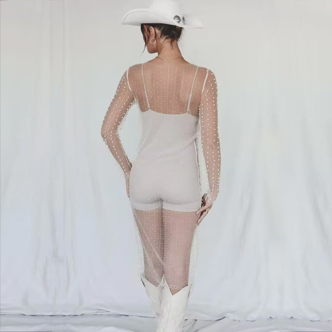 Meshy Blouse - Beaded Rhinestone Side Split Mesh Dress Blouse (7519155519576)