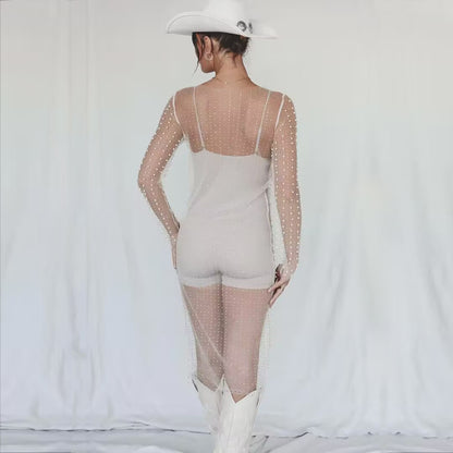 Meshy Blouse - Beaded Rhinestone Side Split Mesh Dress Blouse (7519155519576)