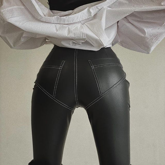 Faux-Leather Stretch-Tight High-Waist Stitching Hip Lift Pants (7524755046488)