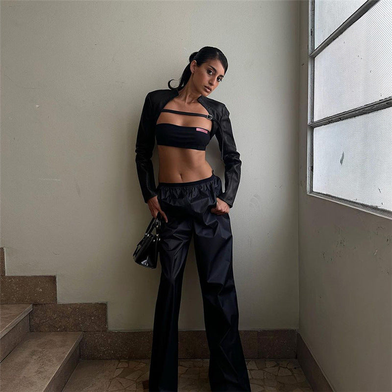 Fall Women Clothing Two Piece Street Trend Underwear Bandeau Vest Outer Wear Slim Faux Leather (7525024235608)