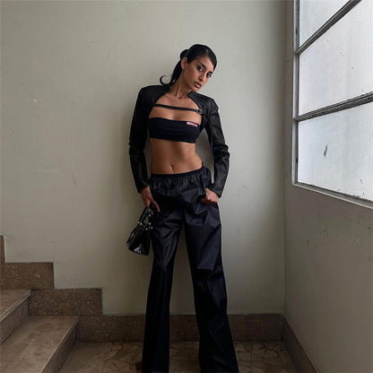 Fall Women Clothing Two Piece Street Trend Underwear Bandeau Vest Outer Wear Slim Faux Leather (7525024235608)