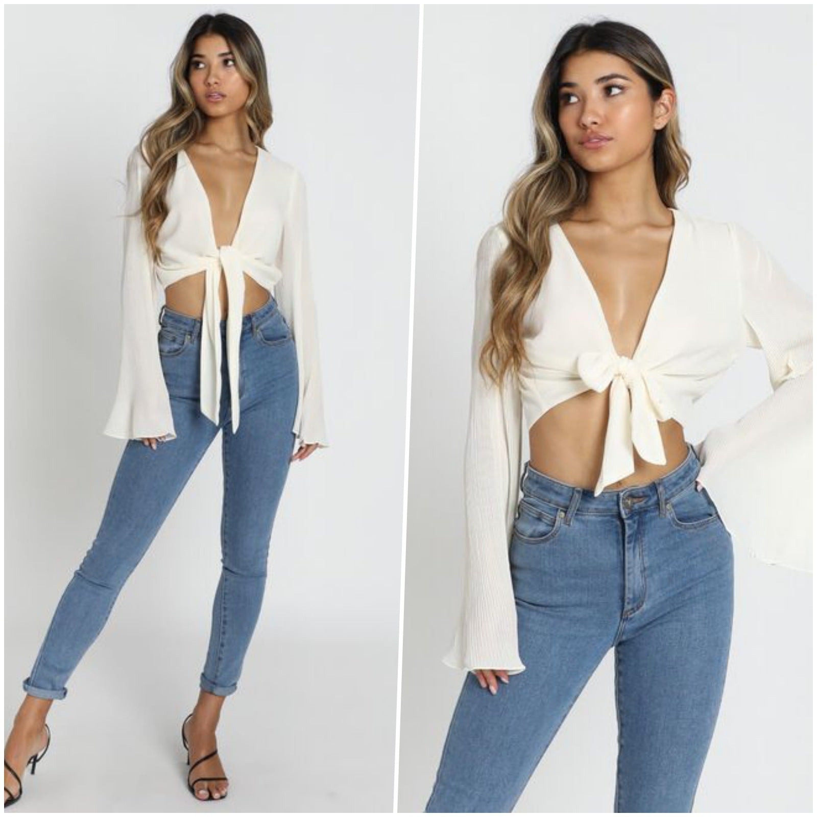 Trumpet - Chiffon Pleated Bell Sleeves Lace-Up Shirt (7518695129176)