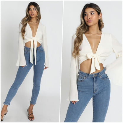 Trumpet - Chiffon Pleated Bell Sleeves Lace-Up Shirt (7518695129176)
