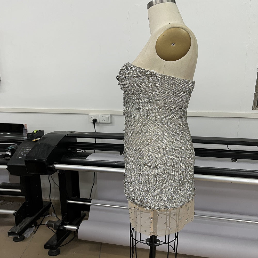 Internet Celebrity Heavy Industry -  Tube Top Low Collar Silver Diamond Mini Dress (7517608935512)