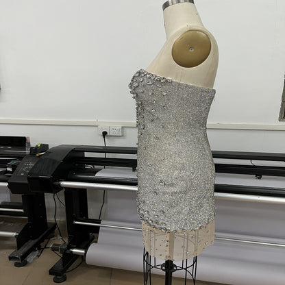 Internet Celebrity Heavy Industry -  Tube Top Low Collar Silver Diamond Mini Dress (7517608935512)