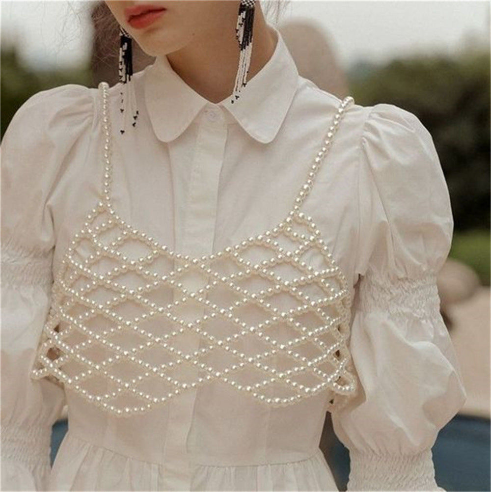 Pearl Hollowed-Out Vest Style Cropped Crop-Top (7517781426264)