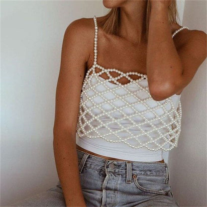 Pearl Hollowed-Out Vest Style Cropped Crop-Top (7517781426264)