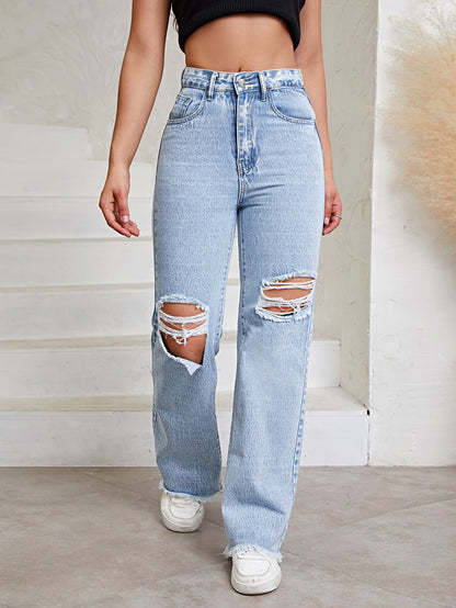 Distressed High-Waist Straight Leg Denim Jeans