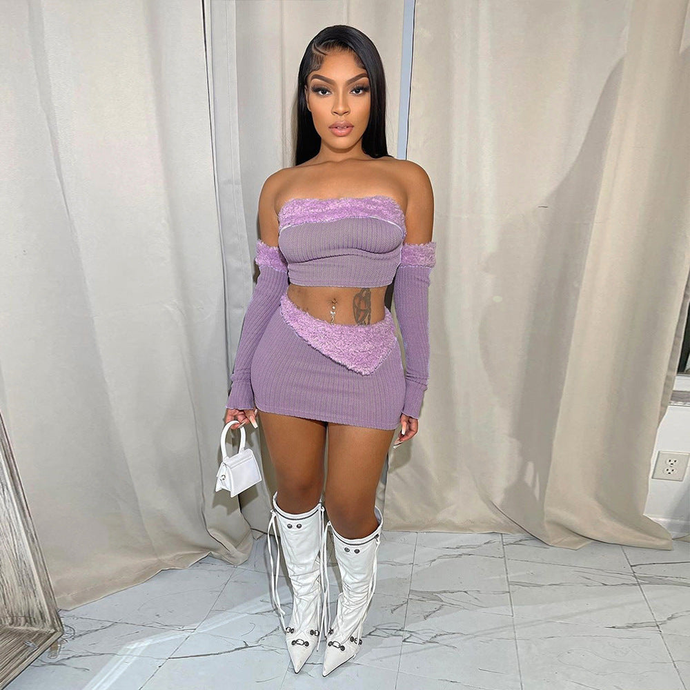 Sexy off the Shoulder Wrapped Chest Hollow Out Cutout Cropped Fur Hip Skirt Set (7524905091160)