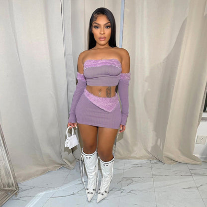 Sexy off the Shoulder Wrapped Chest Hollow Out Cutout Cropped Fur Hip Skirt Set (7524905091160)