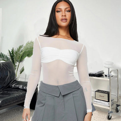 Mesh Fitted T-Shirt Top - Long Sleeves (7518488232024)