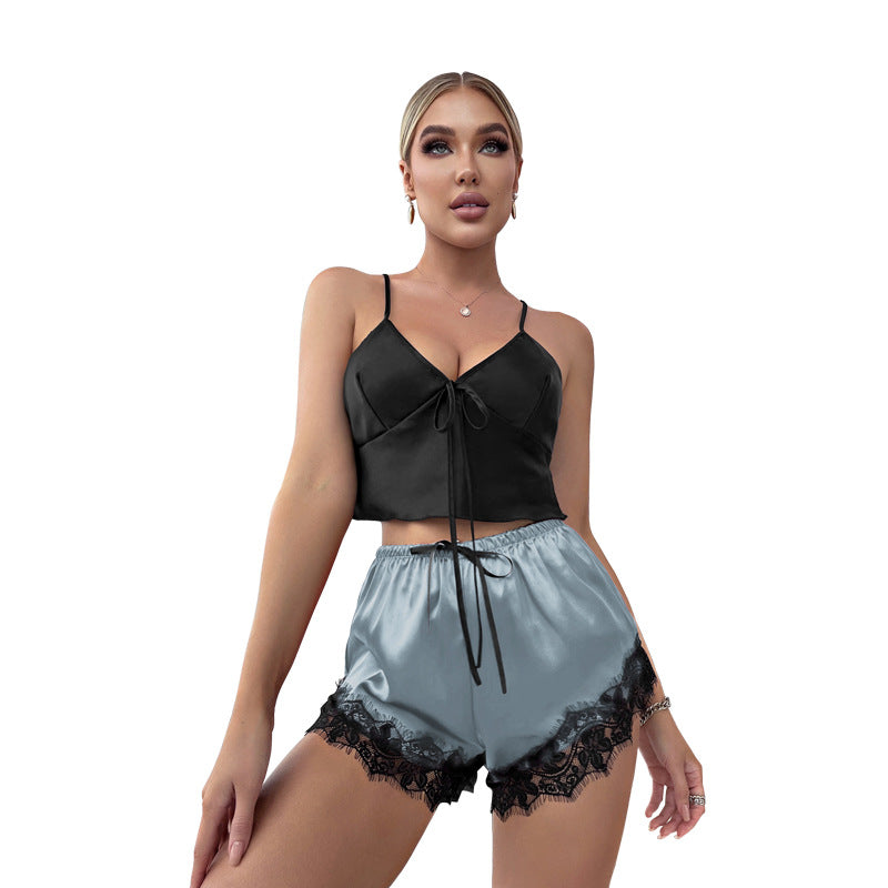 Lace-Up Lace Trimmed Shorts & Top Two-Piece Set