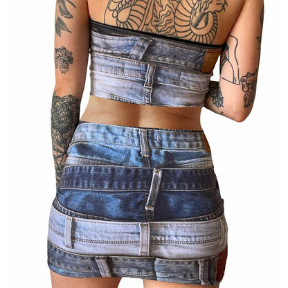 Polyester Printed Denim - Cropped Tube-Top & Slim-Fit Skirt Set (7517938745432)