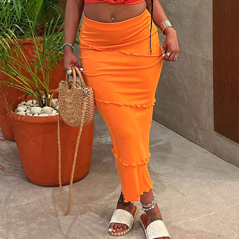 Solid Color Mesh Slim-Fit High-Waist Skirt