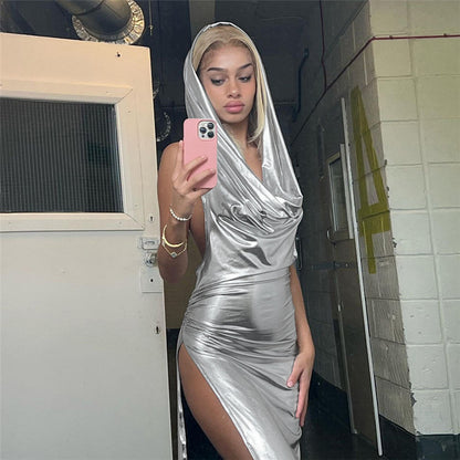 Metal & Hooded - Black/Silver/Blue Metallic Hooded Pile Collar Pleated Backless Dress (7517615554648)