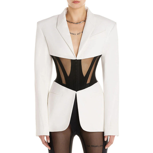 Personality Sheer Mesh Boning Corset Slim Fit Patchwork Blazer (7525012897880)