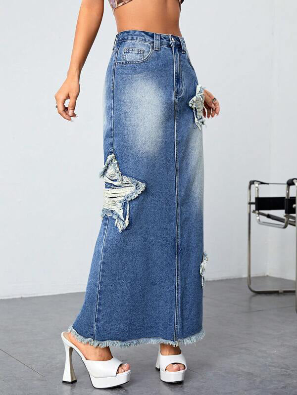 Frayed - High-Waist Slit Jeans No Belt Stars Denim Skirt (7522338209880)
