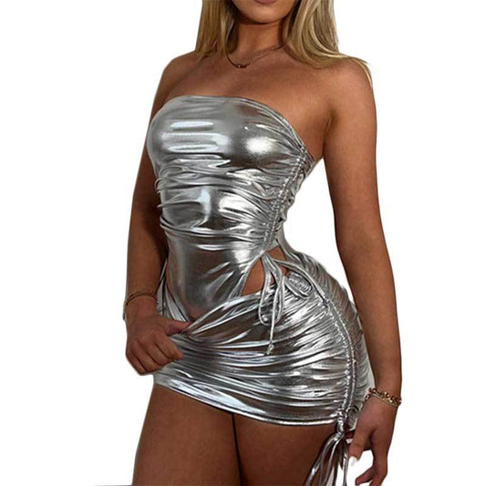 Metallic Off-Shoulder Tube Top Ruched Drawstrings Skirt Set (7517610049624)