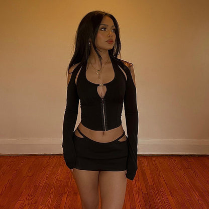 Solid Color Halter Hooks Long Sleeves Low Waist Hollow-Out Cut-Out Skirt
