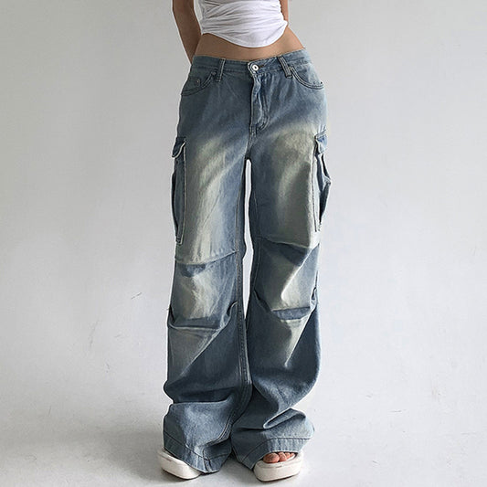 Pleated Solid Color Low-Waist Pockets Denim Jeans